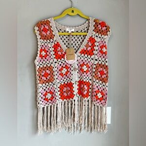 Umgee Multicolor Crochet CottageCore Vest with Fringe NWT Small